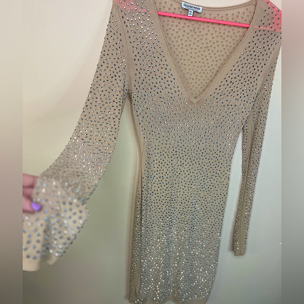Stunning! Nude sheer stone studded Mini Dress size Small, NWOT